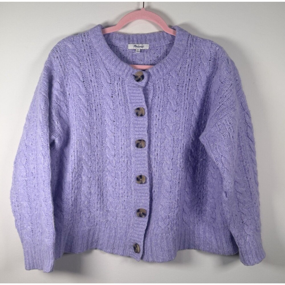Madewell Womens Purple Solid Cable-Knit Crew Neck Button-Front Cardigan M